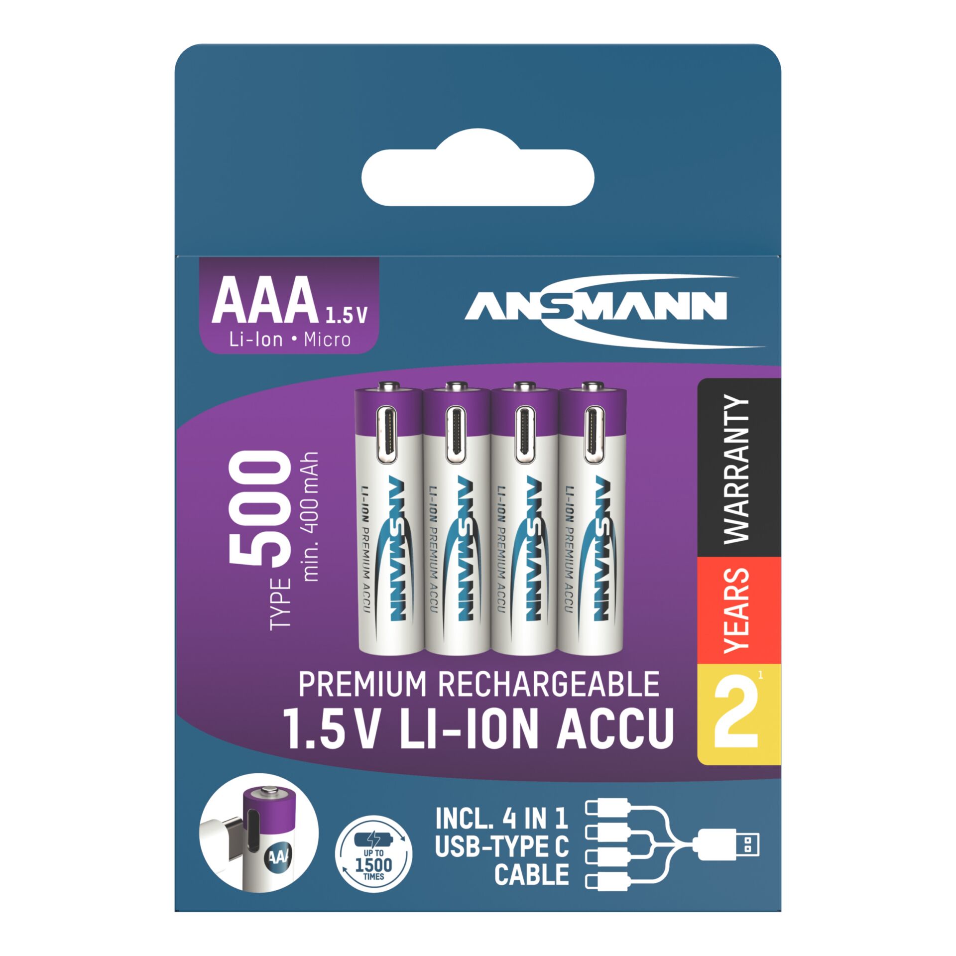 1x4 Ansmann Lithium Akku Micro AAA 400mAh + Cable 1311-0028