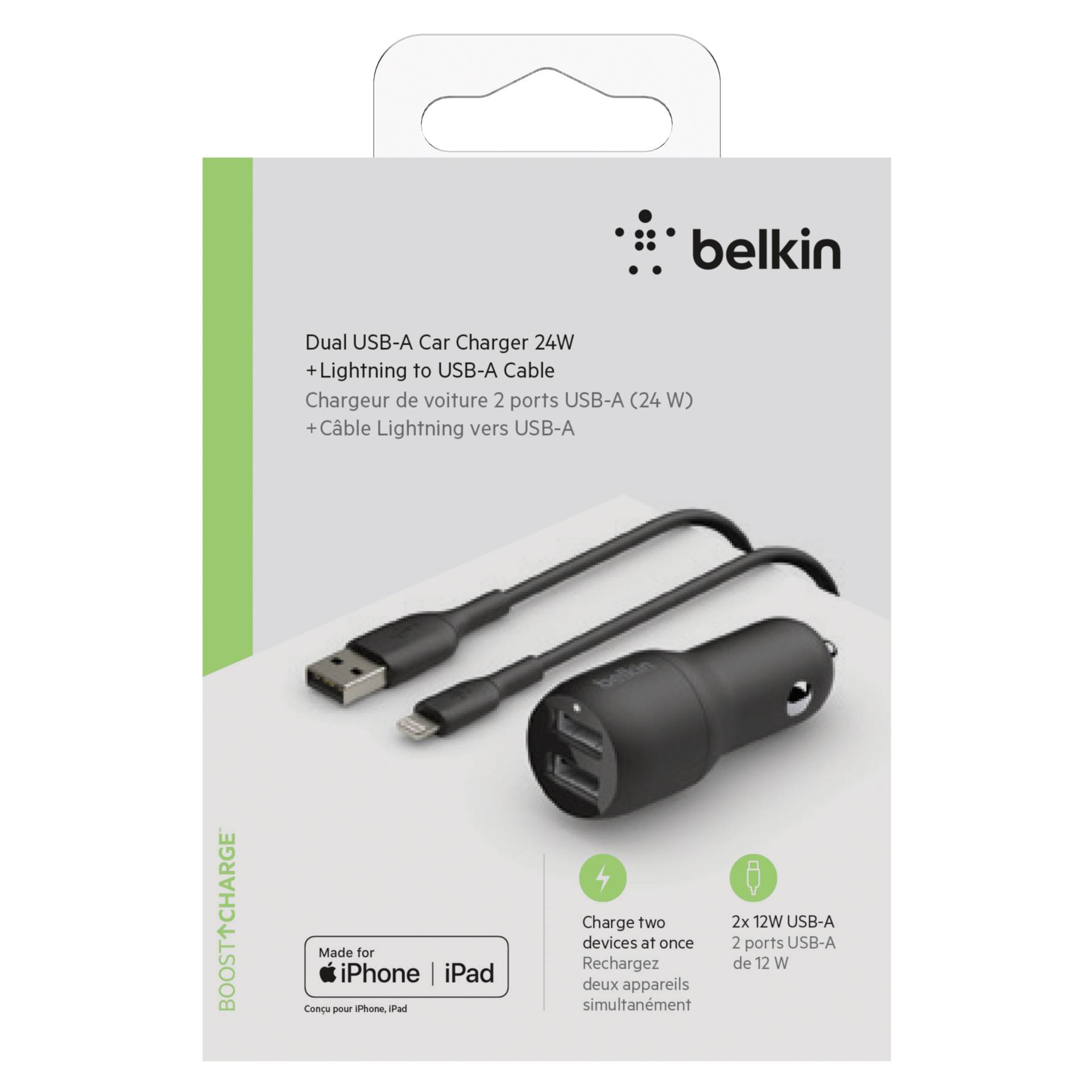 Belkin USB-A Car Charger 24W 1m Lightning-Cable CCD001bt1MBK