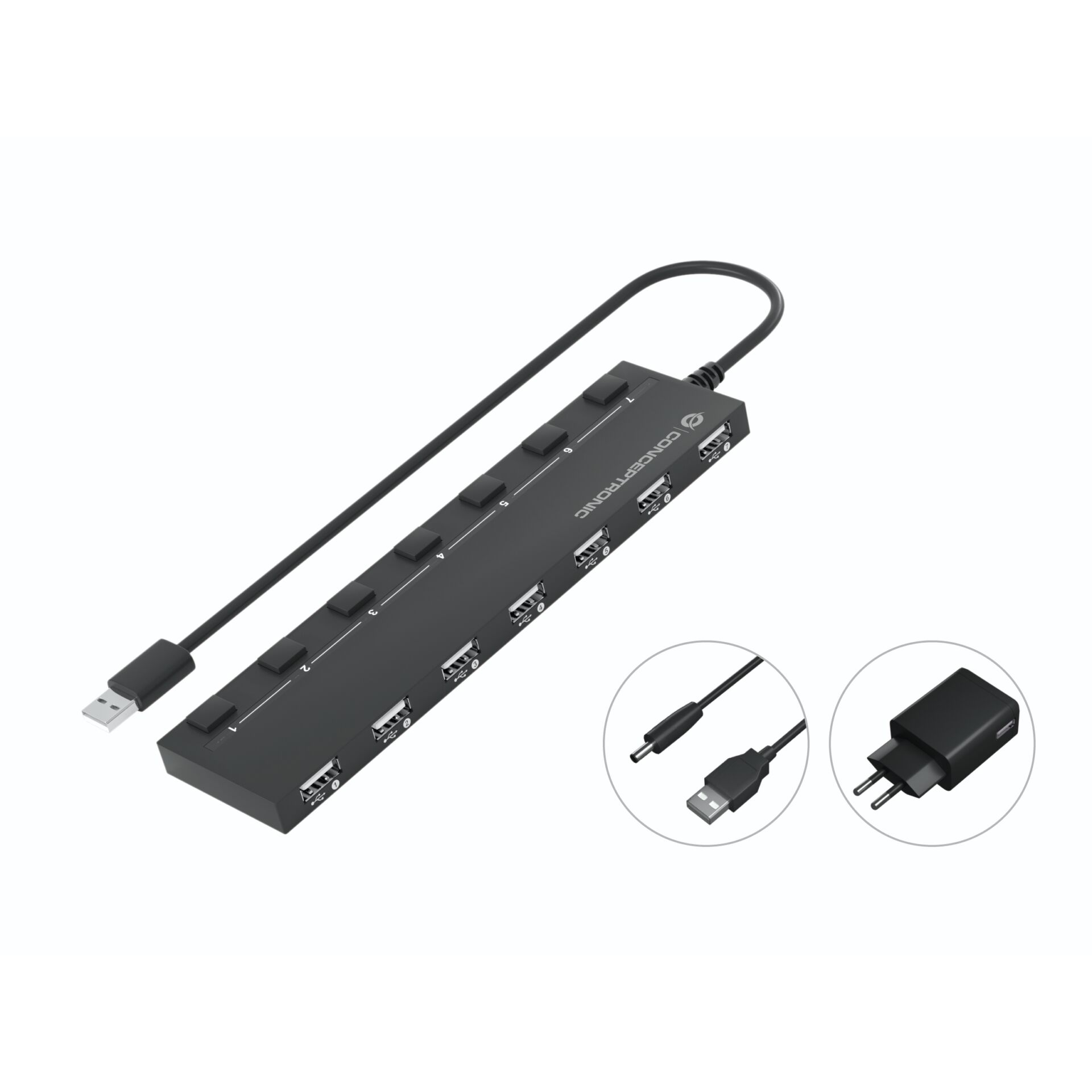 Conceptronic HUBBIES08BP 7-Port USB-2.0-Hub with Power Adapter