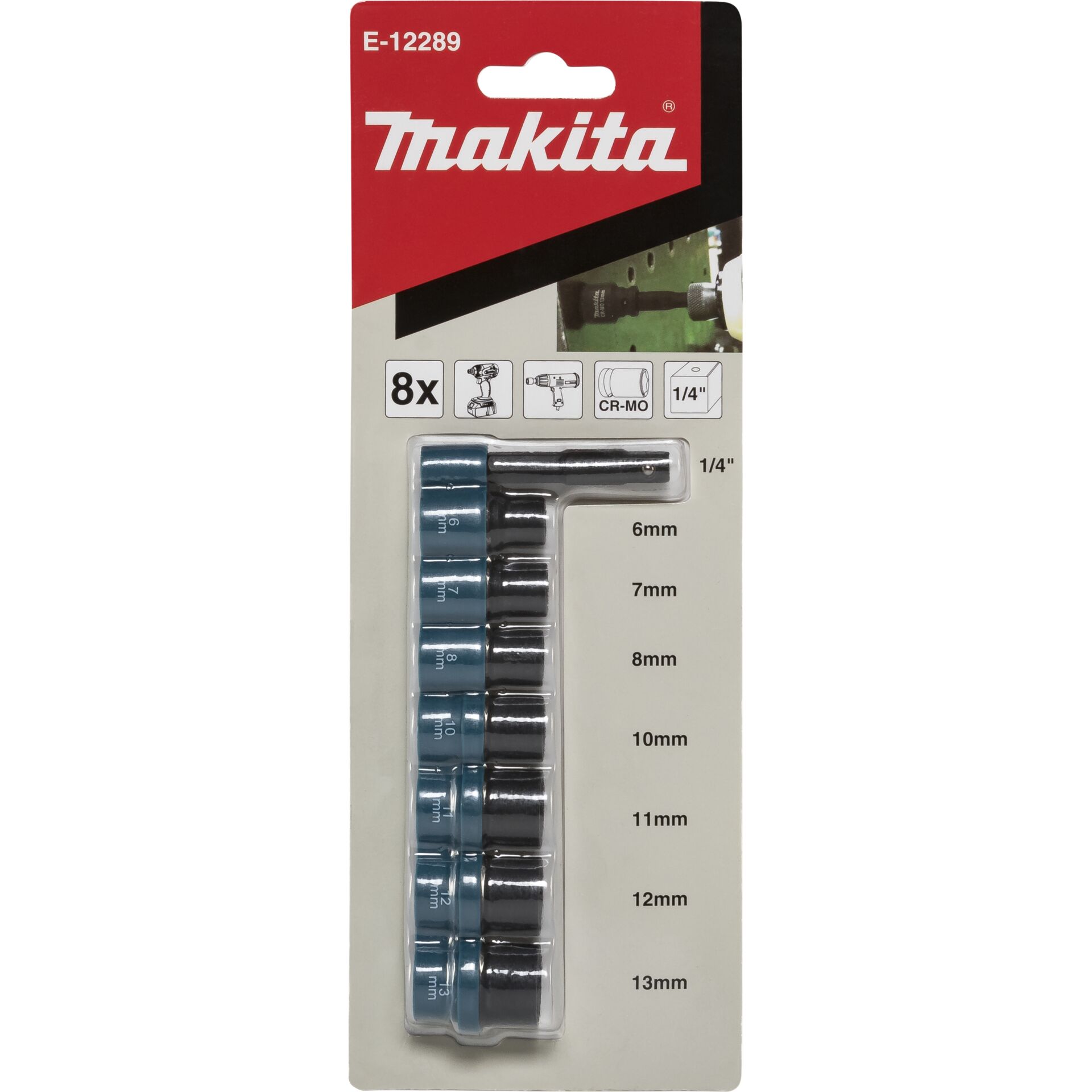 Makita Socket Set, 1/4 Square Drive, 8 pcs.