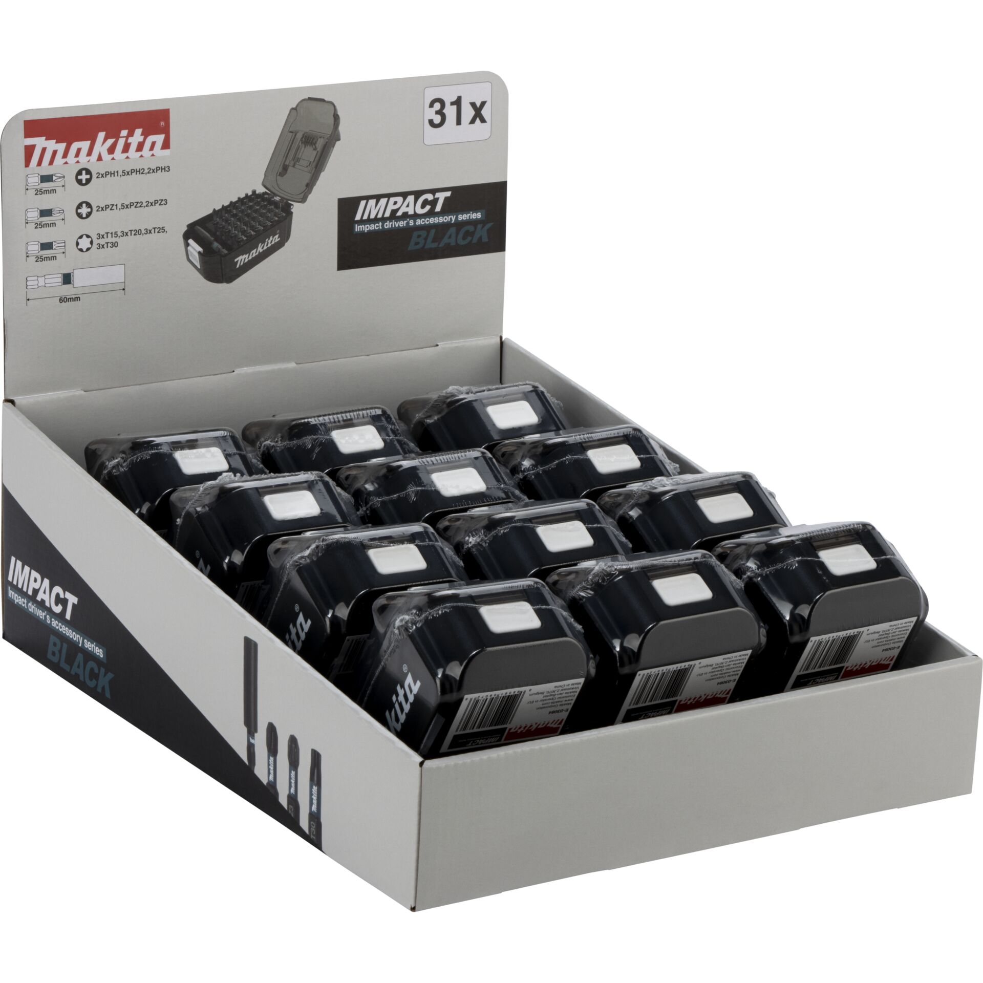 Makita Display 12x Impact Black Bit-Set 31-pcs.