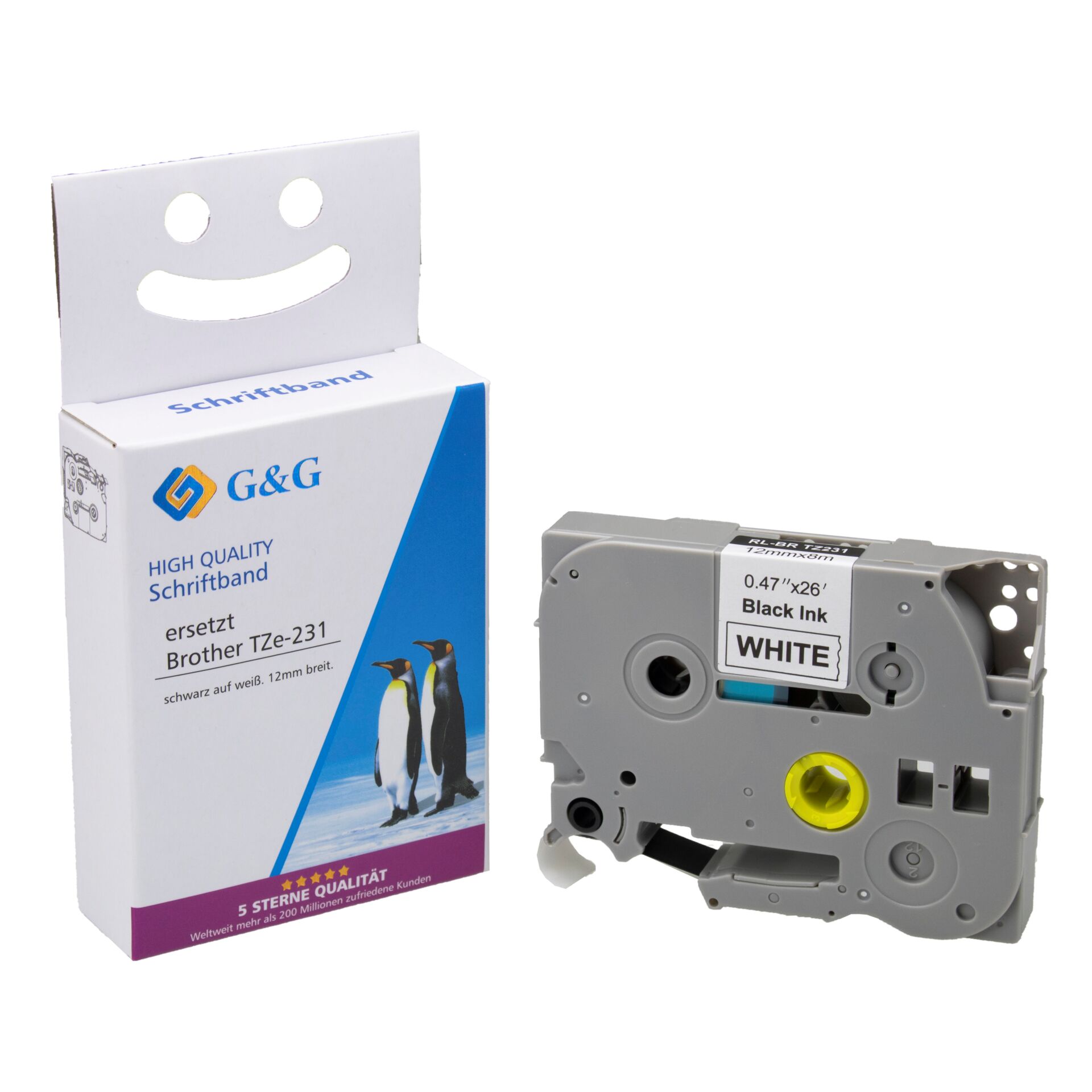 G&G Label Tape 12mmx8m B/W compatible with Brother Tze-231