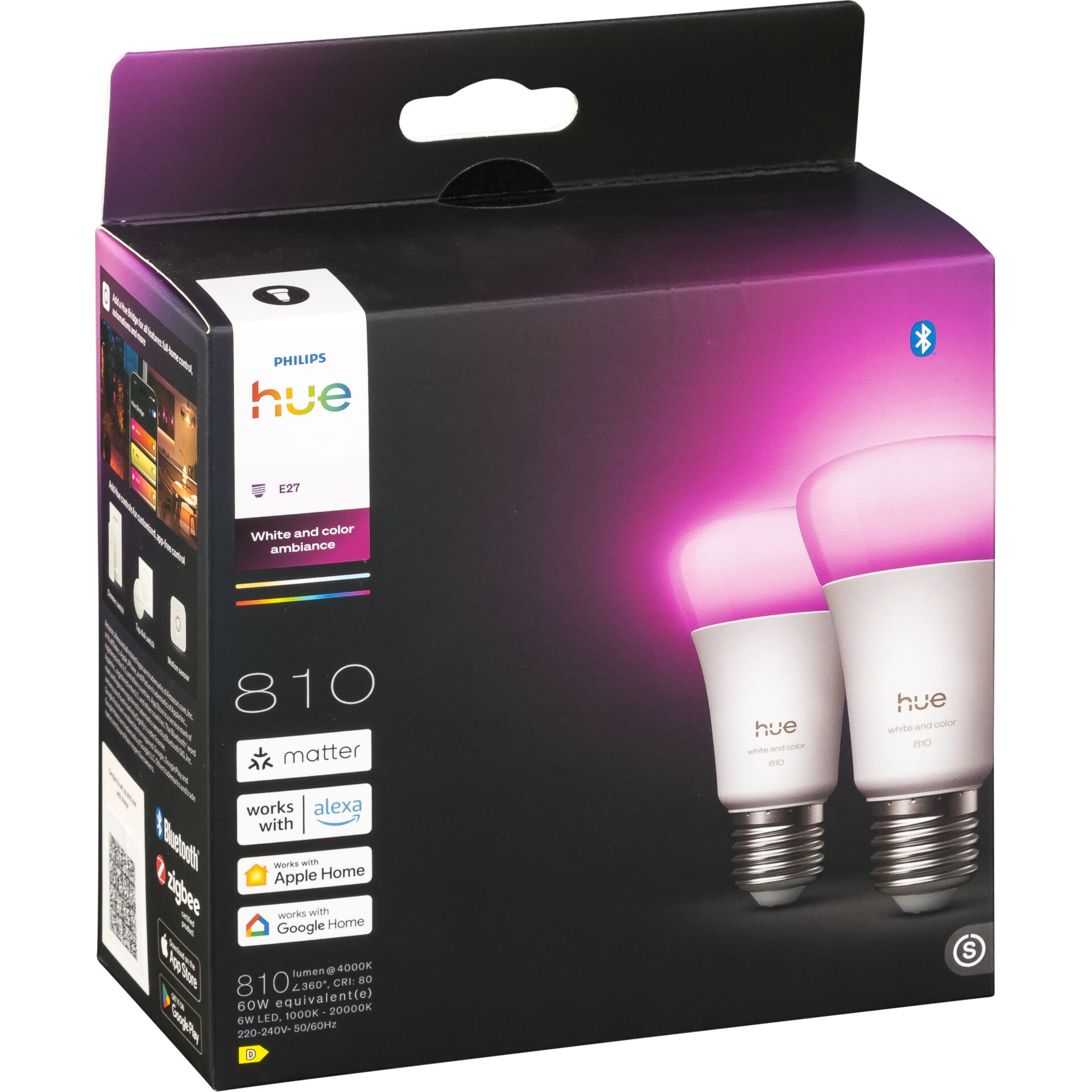 Philips Hue LED Lampe E27 2-Pack 810lm White & Color Ambiance