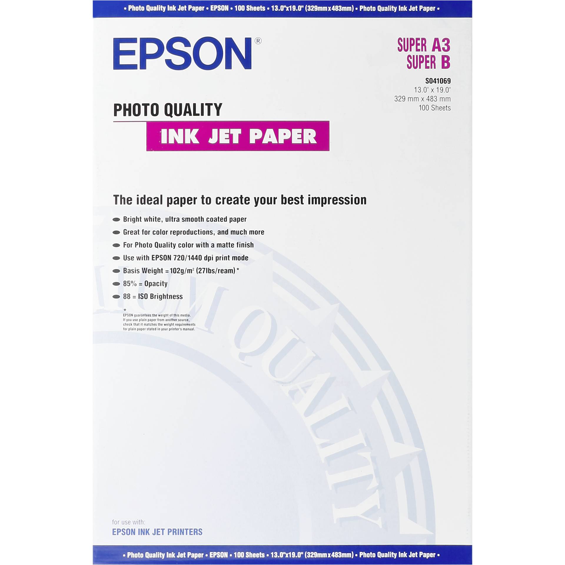 Epson Photo Quality Inkjet Paper A3+, 100 sheet, 105g S041069