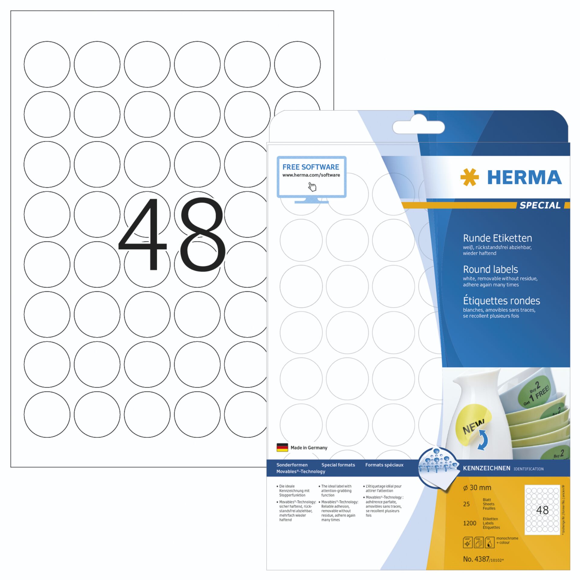 Herma Round Labels 30mm white 25 Sheets 1200 pcs. 4387