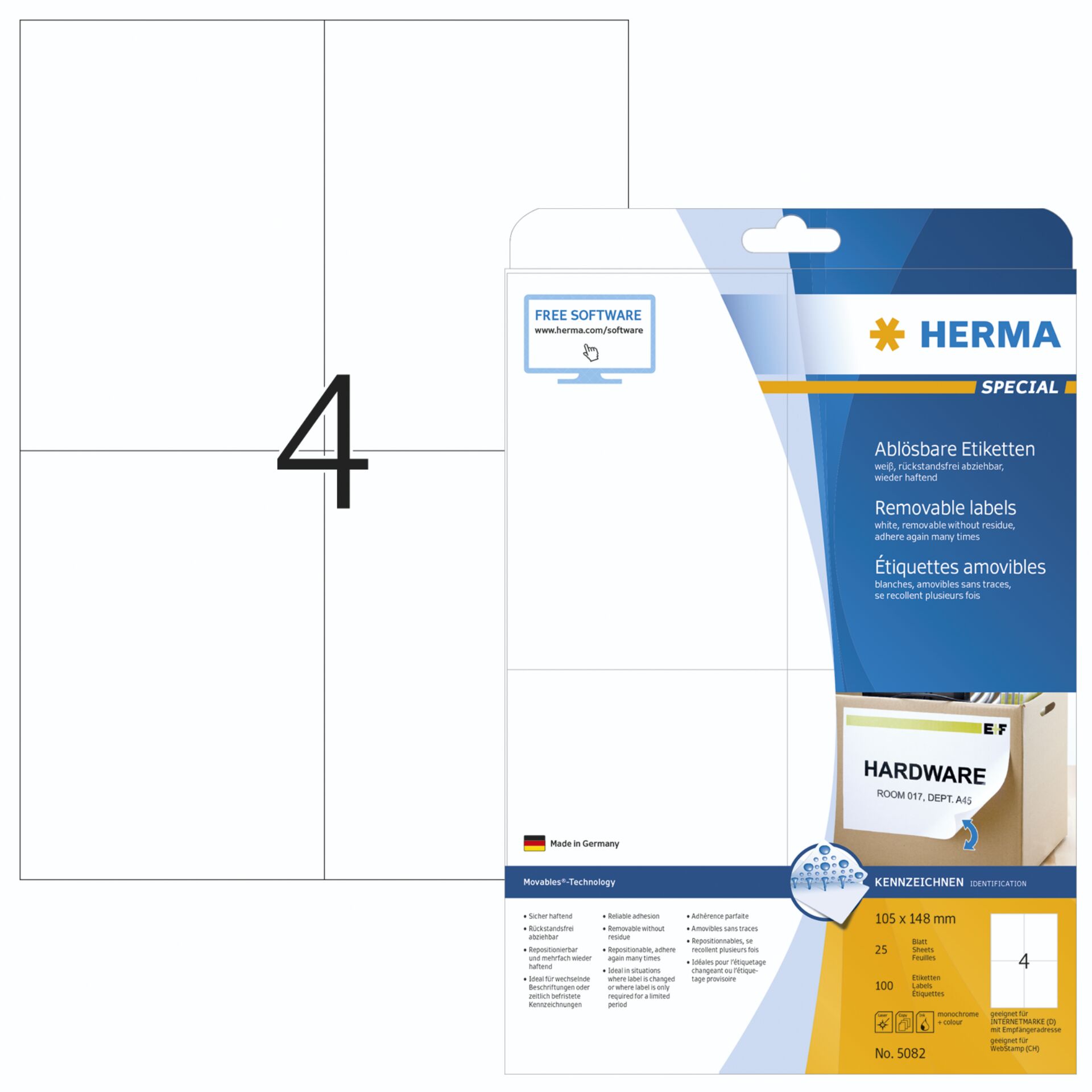 Herma Removable Labels 105X148 25 Sheets DIN A4 100 pcs. 5082