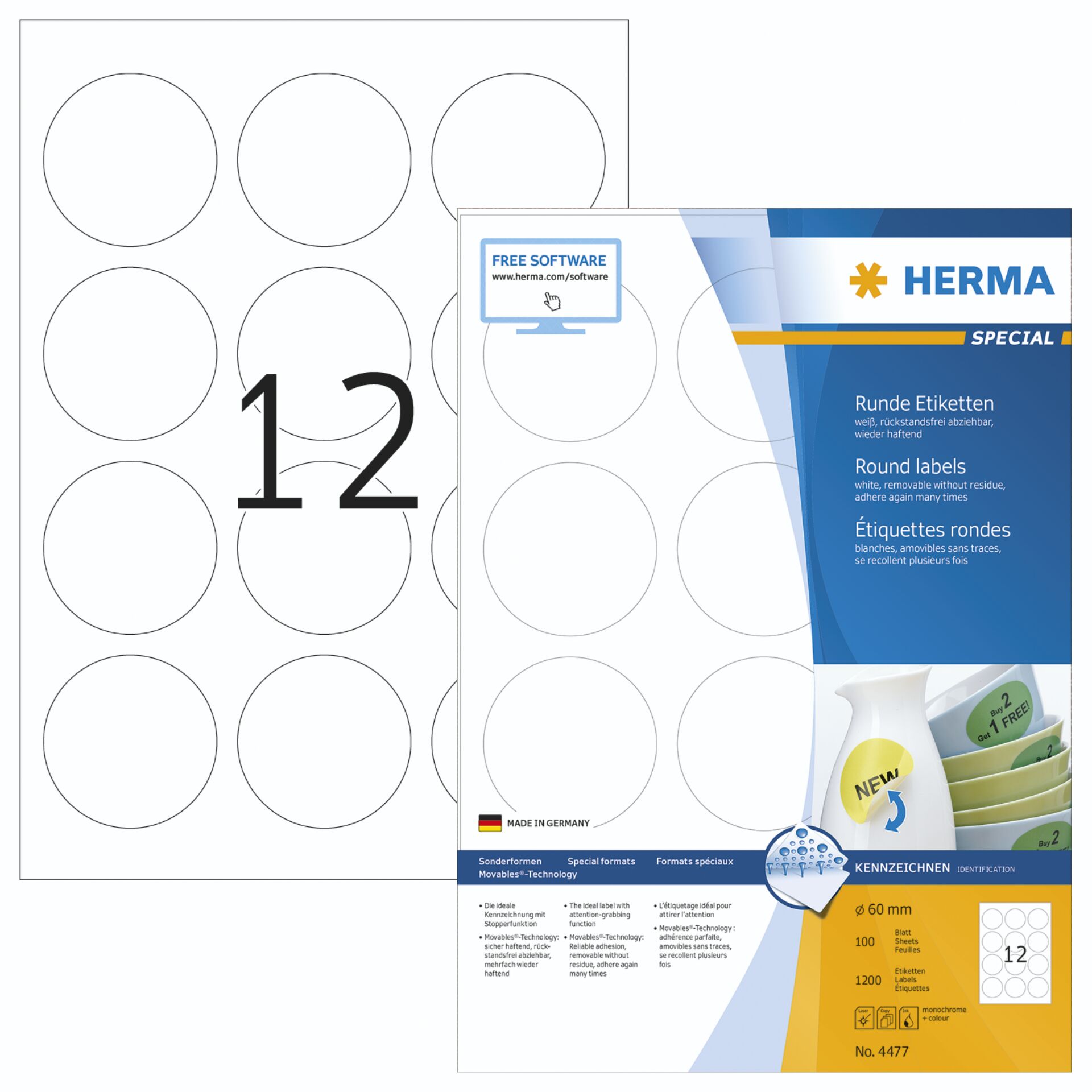 Herma Removable Round Labels 60 100 Sheet DIN A4 1200 pcs. 4477
