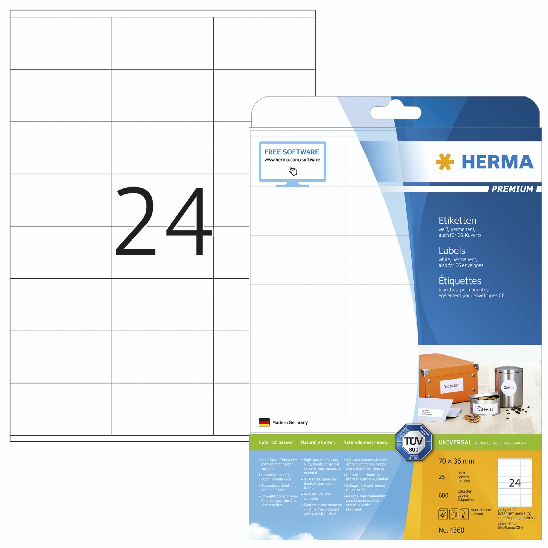 Herma Labels 70x36 25 Sheets DIN A4 600 pcs. 4360