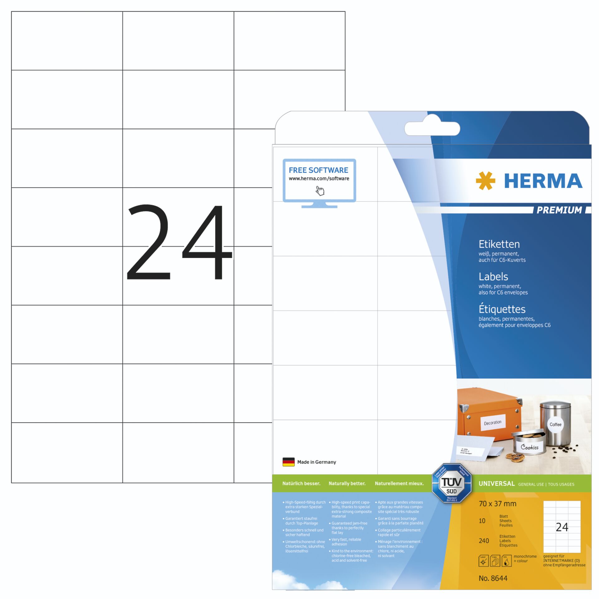 Herma Labels 70x37 white 10 Sheets DIN A4 240 pcs. 8644