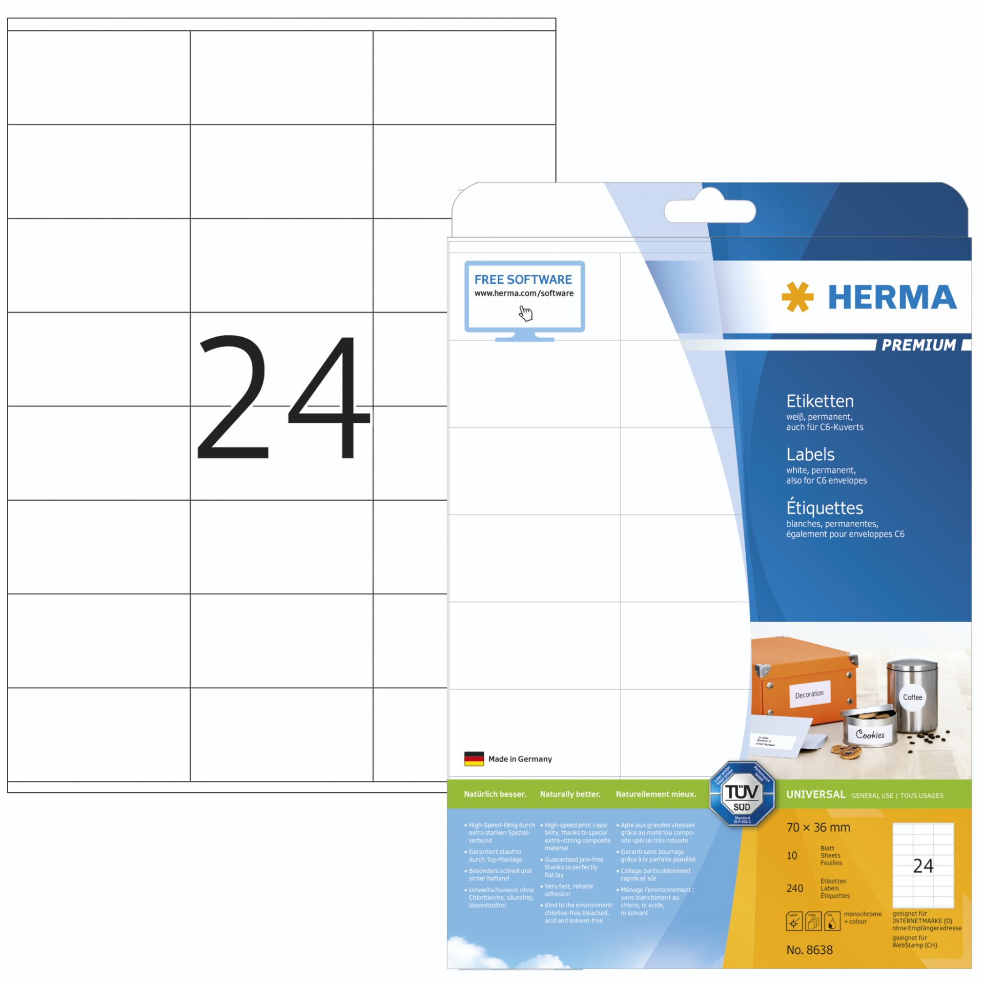 Herma Labels 70x36 white matte 10 sheets DIN A4 240 Pcs. 8638