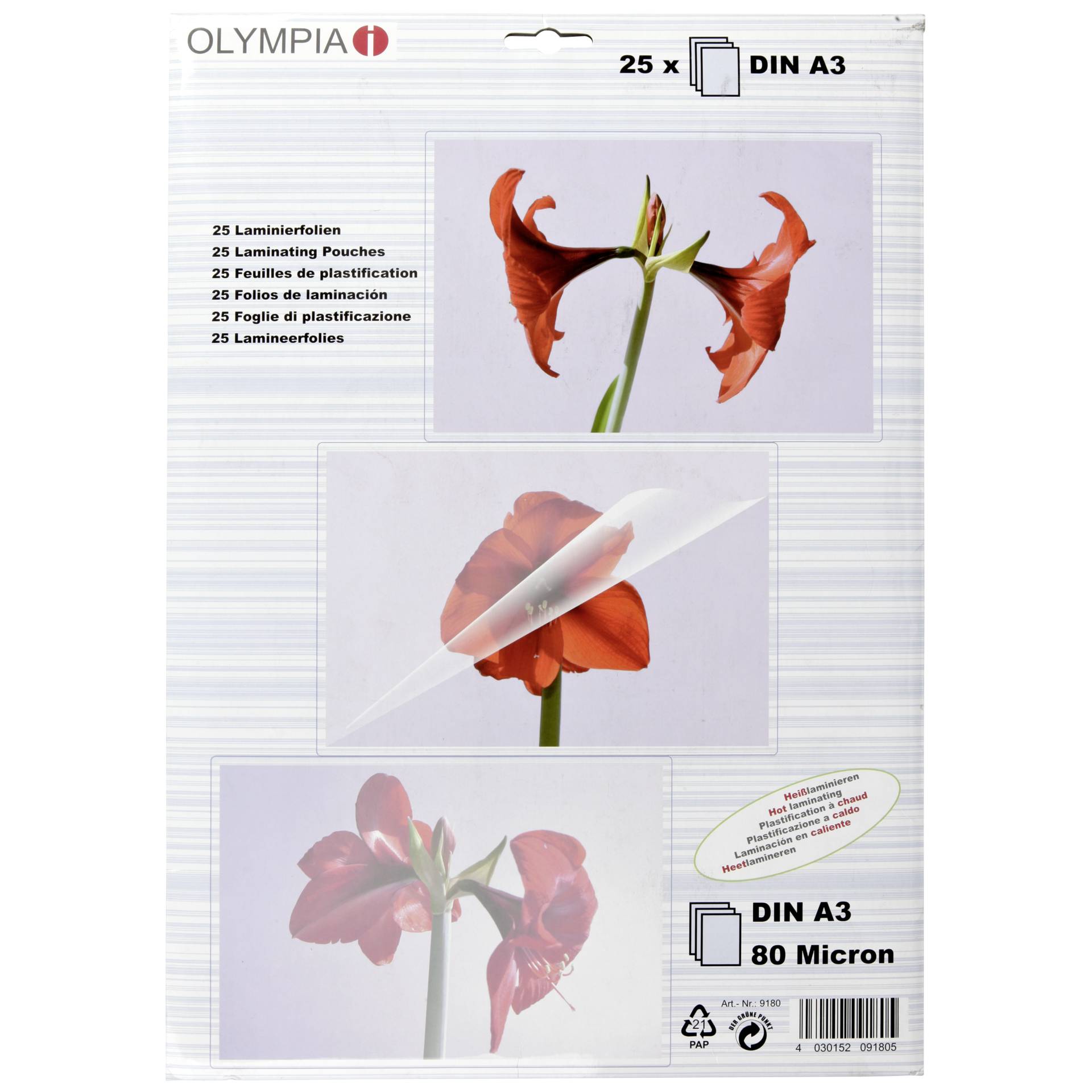 1x25 Olympia Laminating pouches DIN A3 80 micron 9180