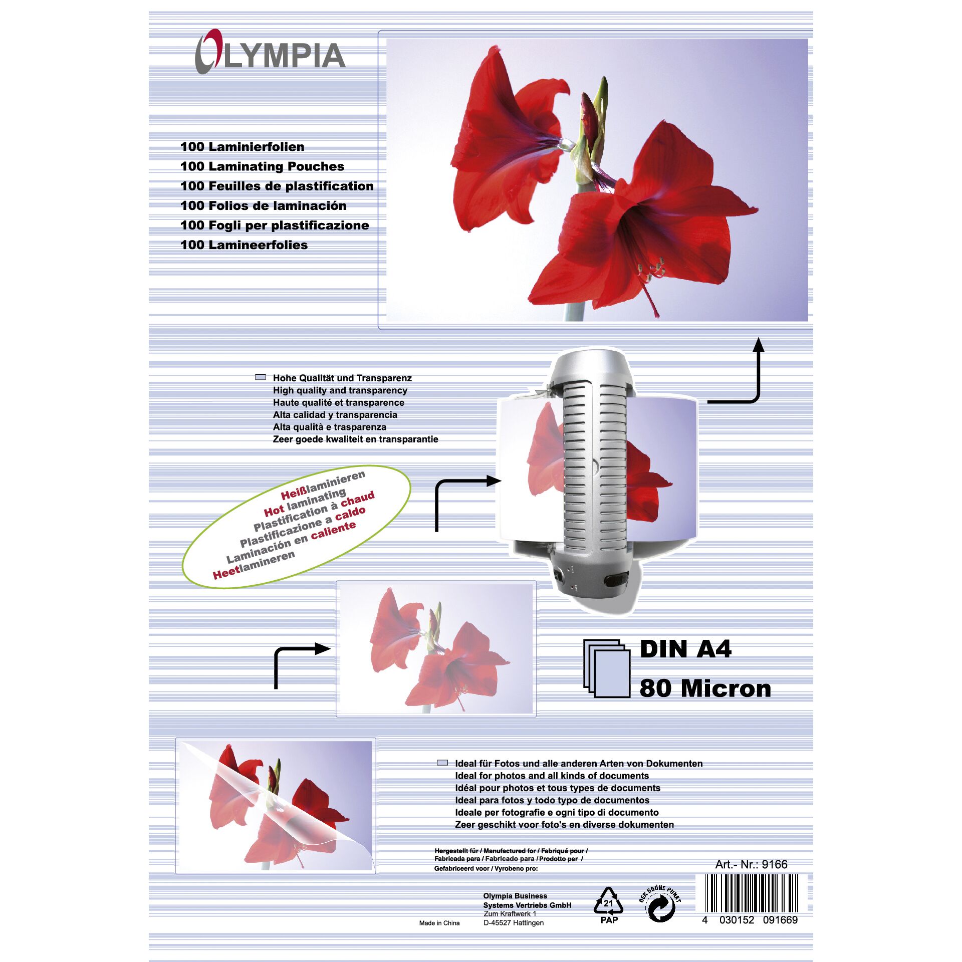 1x100 Olympia Laminating pouches DIN A4 80 micron 9166