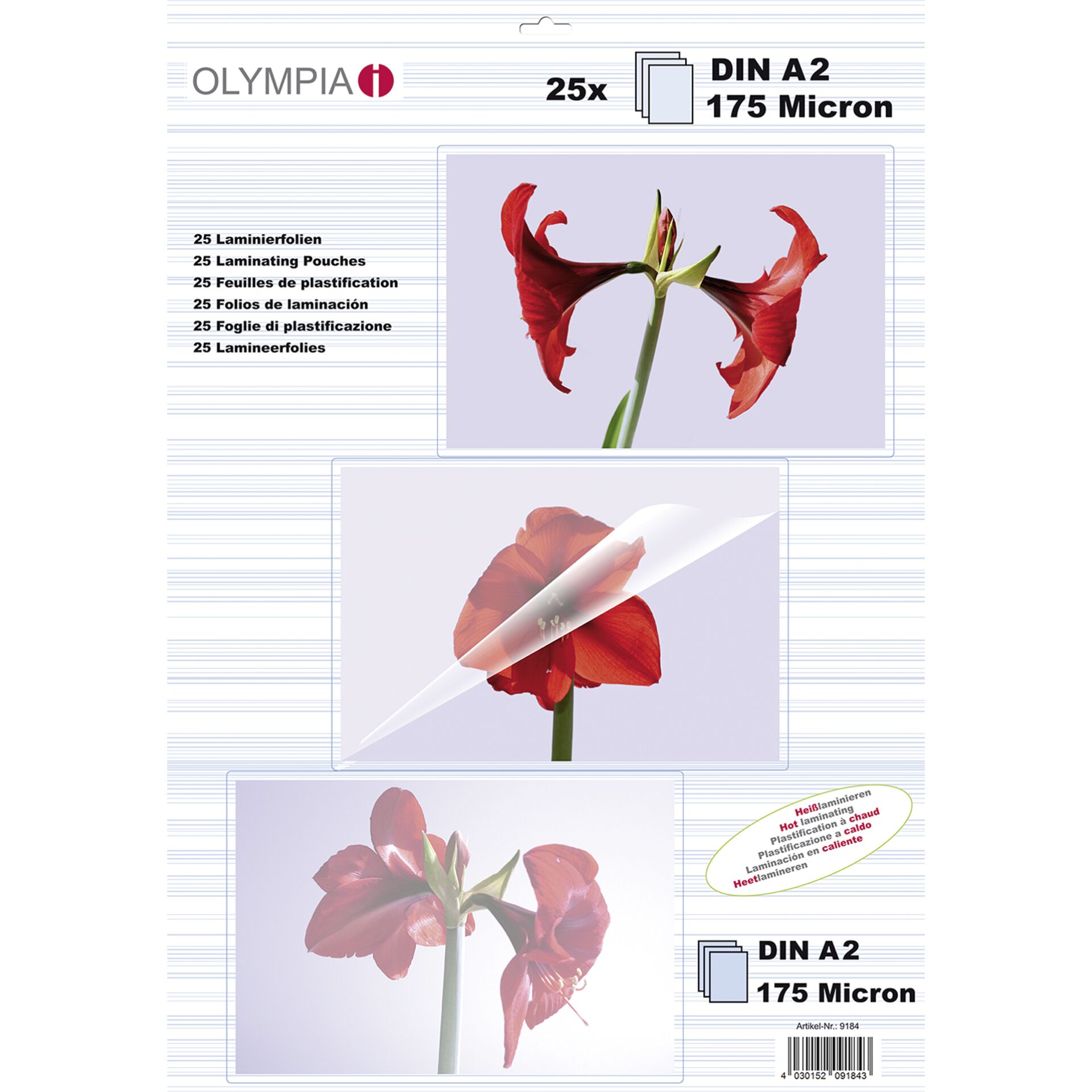 1x25 Olympia Laminating pouches DIN A2 175 micron 9184