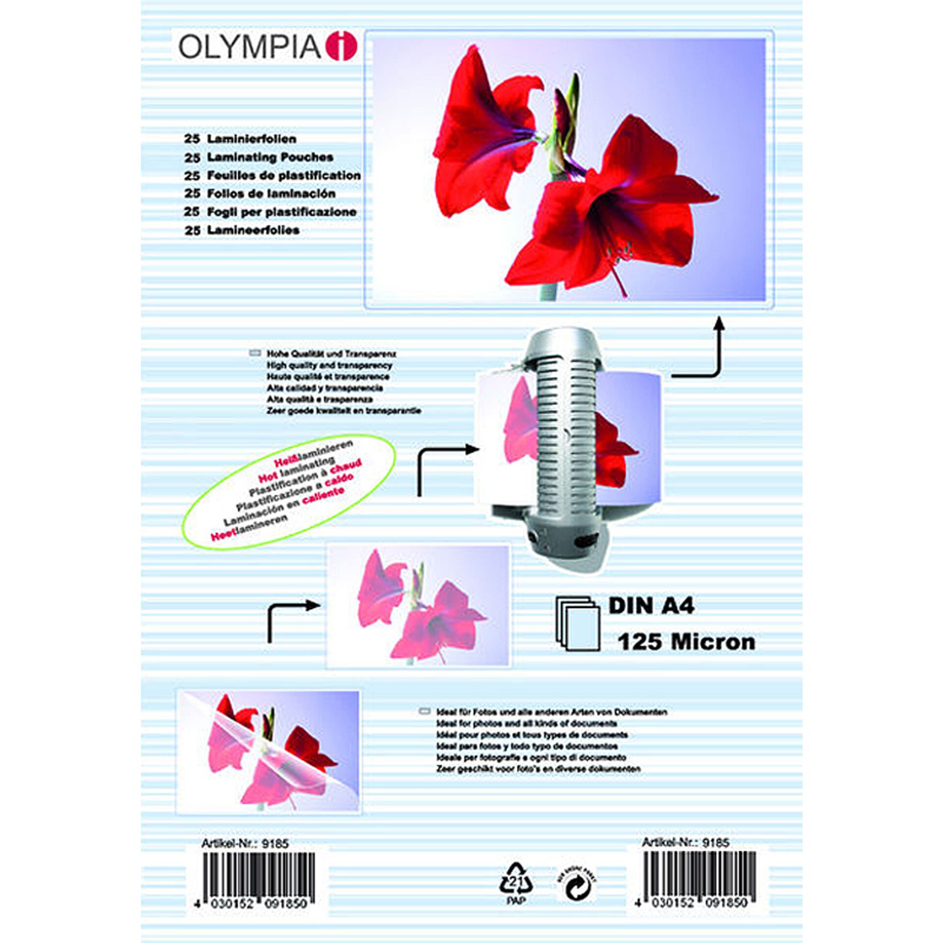1x25 Olympia Laminating pouches DIN A4 125 micron