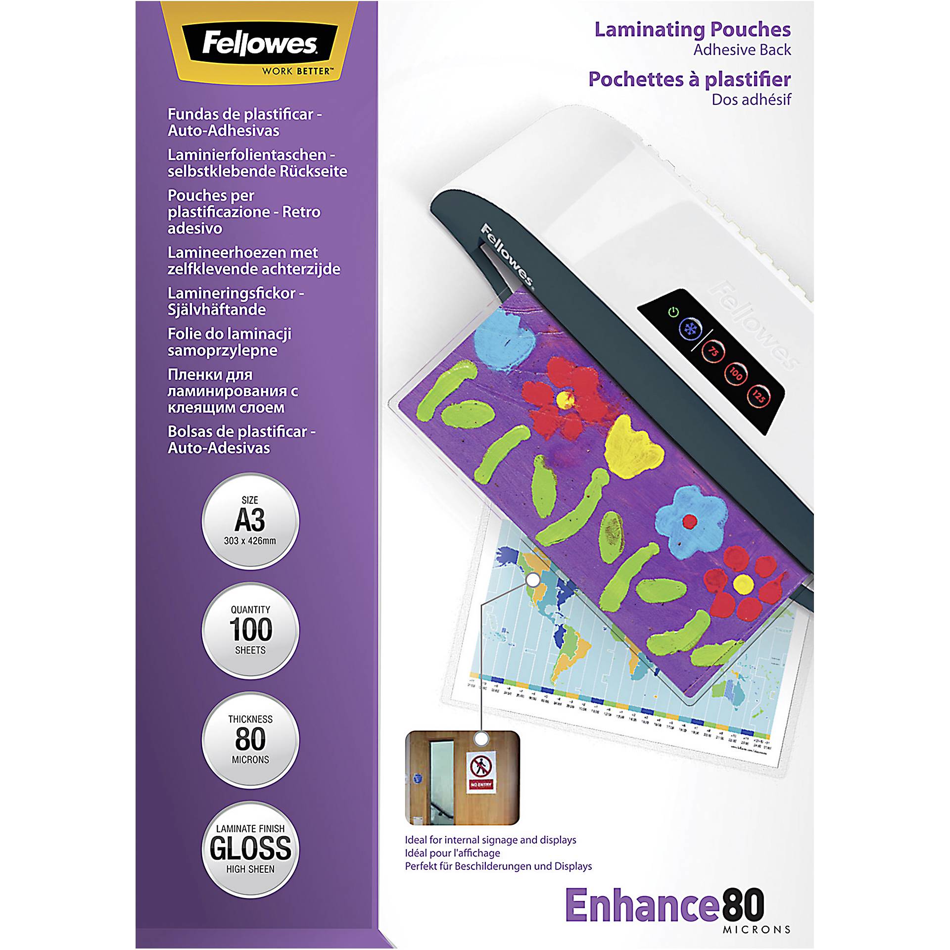 Fellowes Peel and stick pouches adhesive back, 80 micron, A3