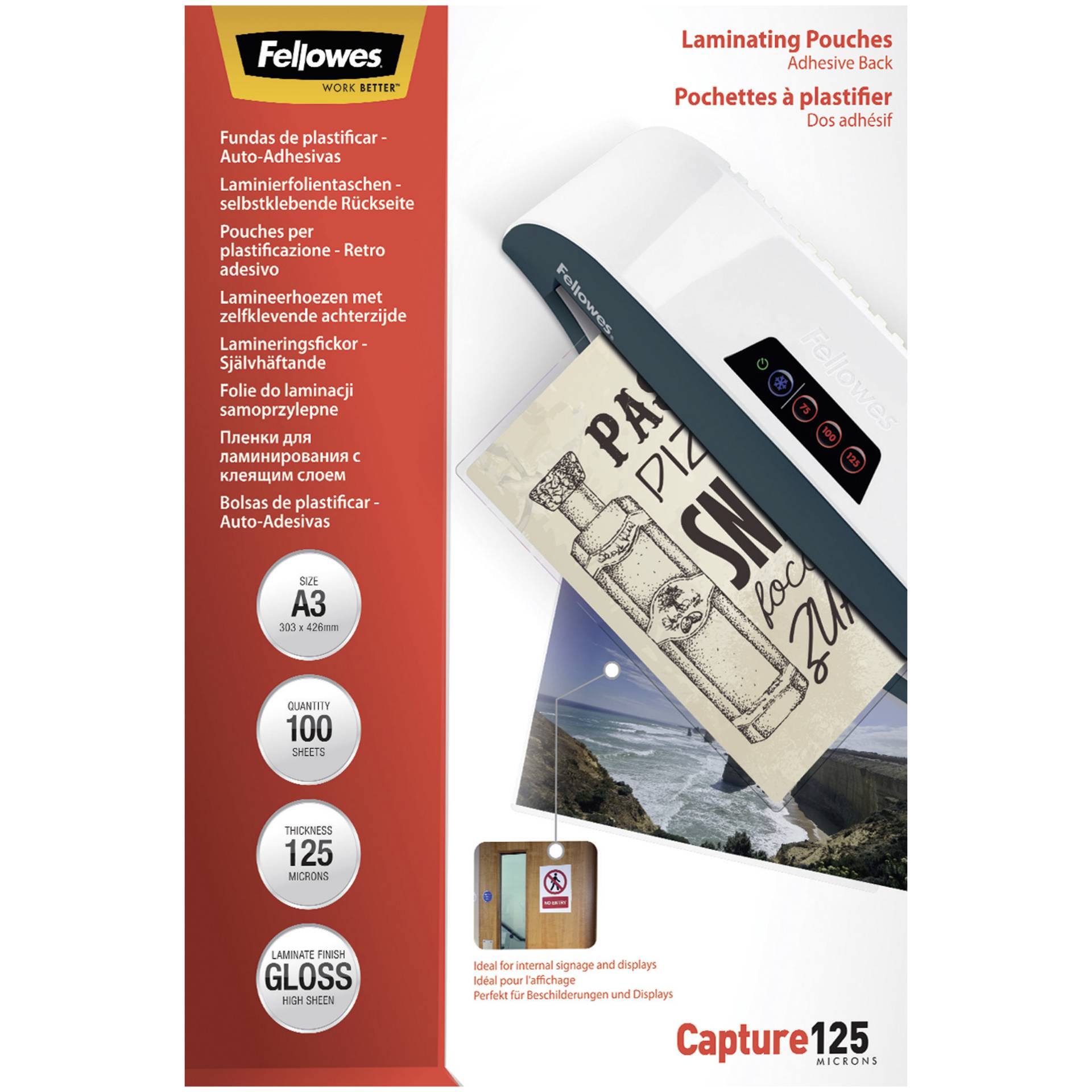 Fellowes Peel and stick pouches adhesive back, 125 micron, A3