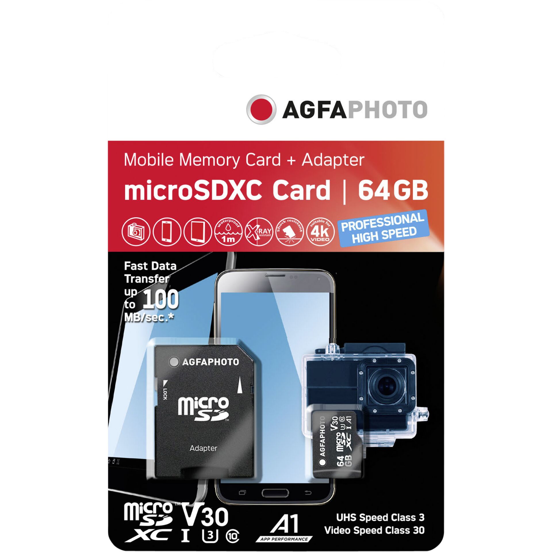 AgfaPhoto MicroSDXC UHS-I 64GB High Speed C10 U3 V30 + Adapter