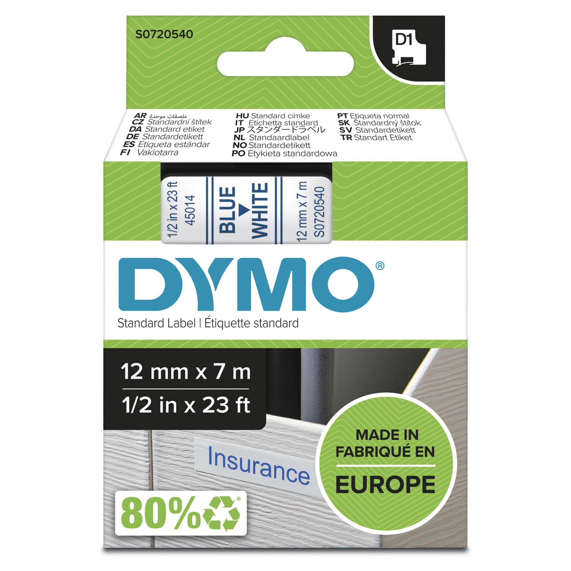 Dymo D1 12mm Blue/White labels 45014
