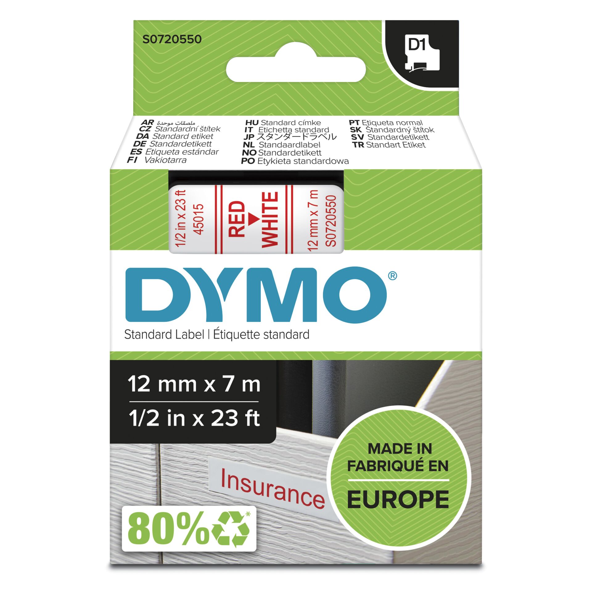 Dymo D1 12mm Red/White labels 45015