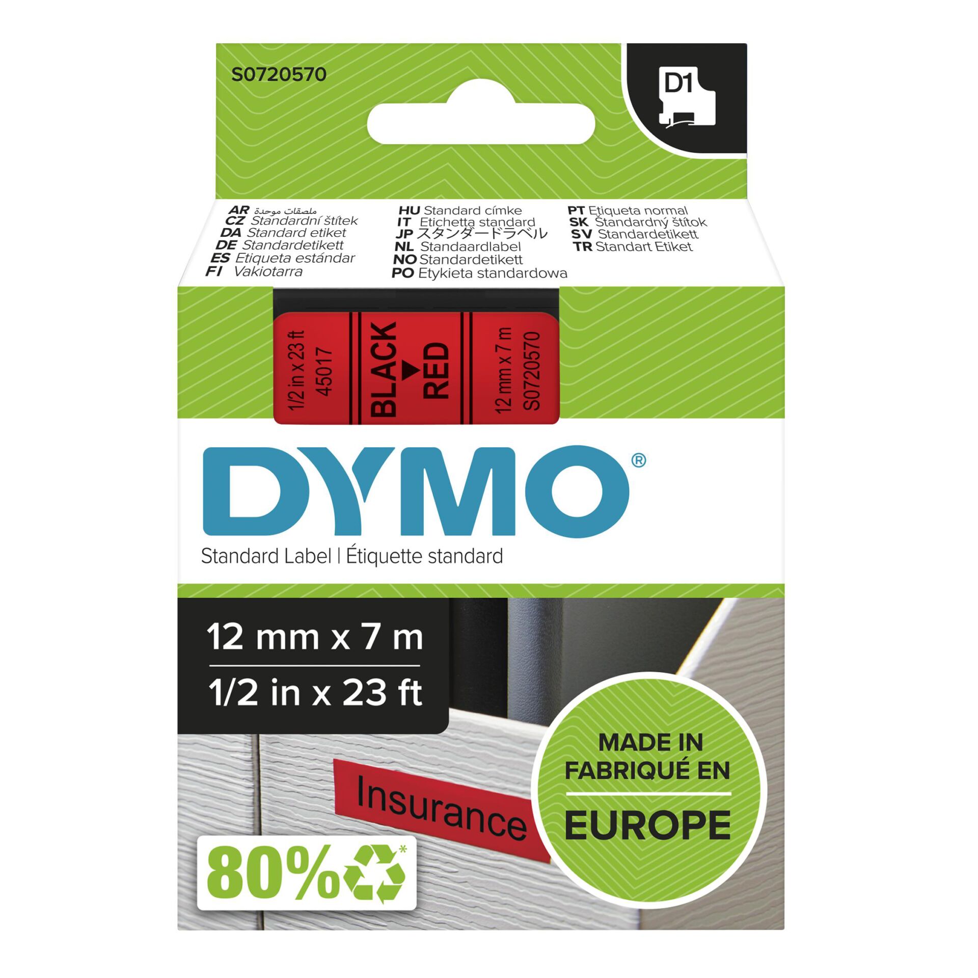 Dymo D1 12mm Black/Red labels 45017