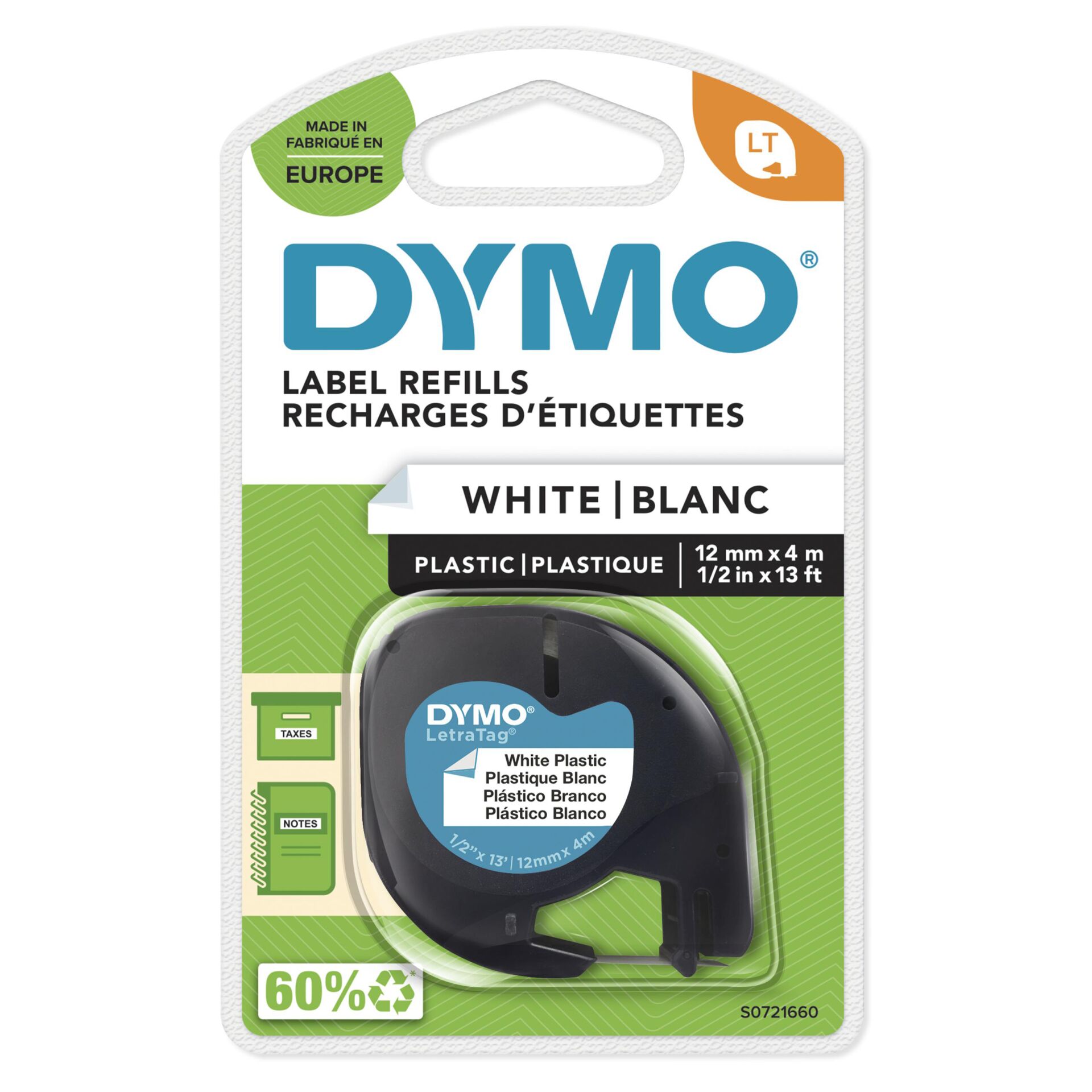 Dymo Letratag Plastic tape white 12mm x 4m 91221