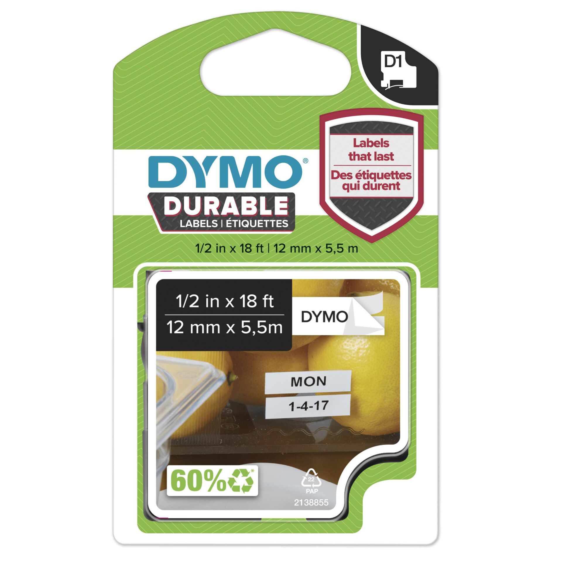 Dymo D1 Durable Labels 12 mm x 5,5 m black to white