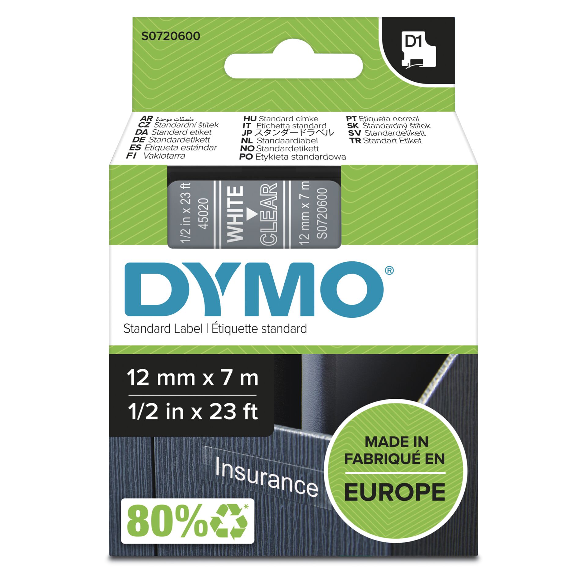 Dymo D1 Schriftband 12 mm x 7 m white / transparent 45020