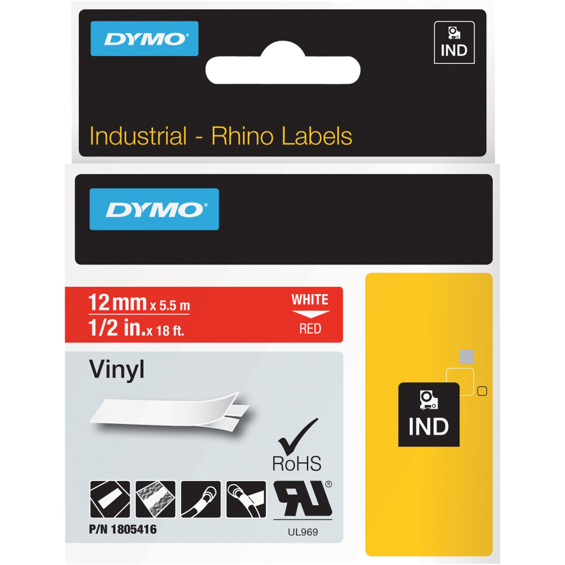 Dymo Rhino Label IND, Vinyl 12 mm x 5,5 m white to red