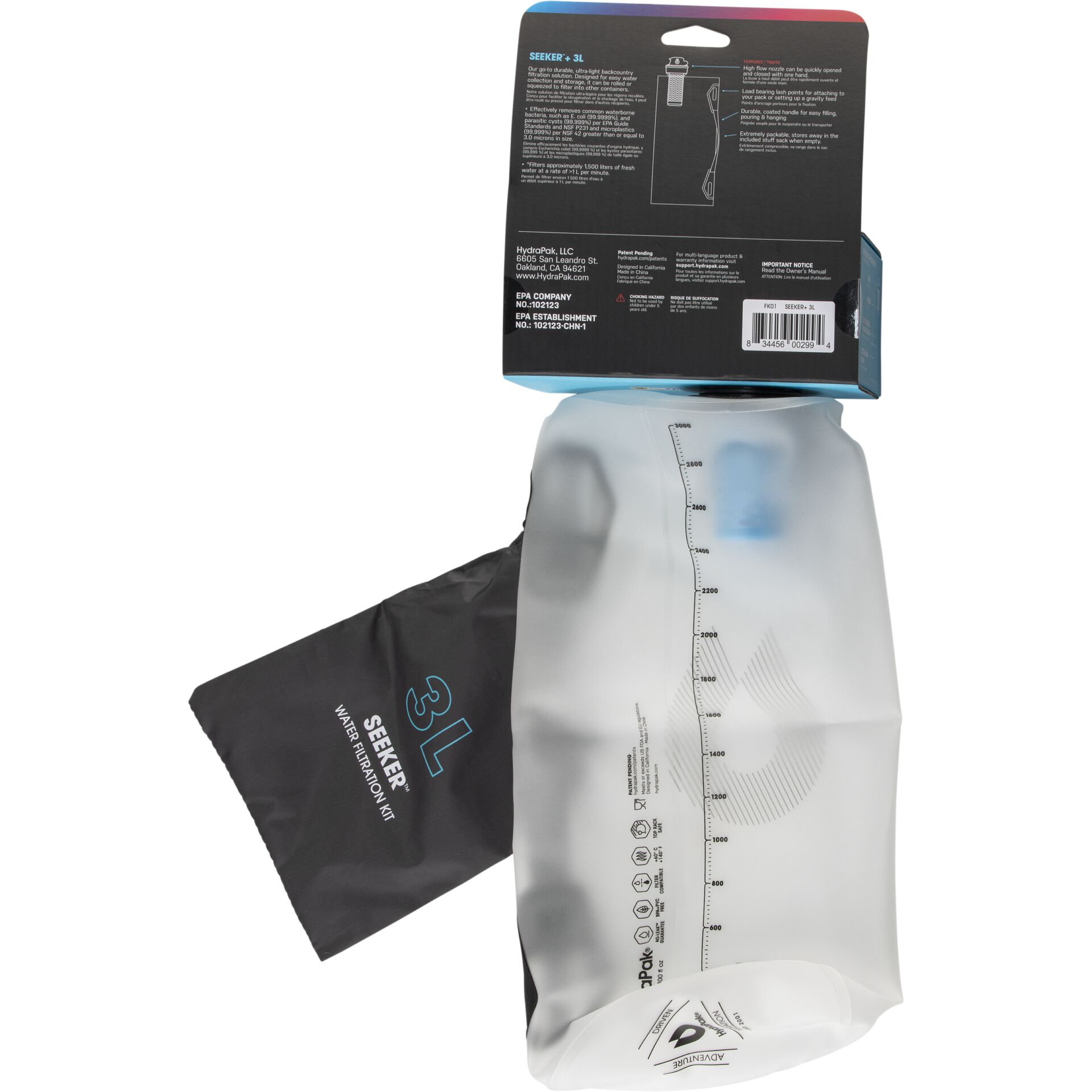 HydraPak Seeker 3L water bag with filter transparent