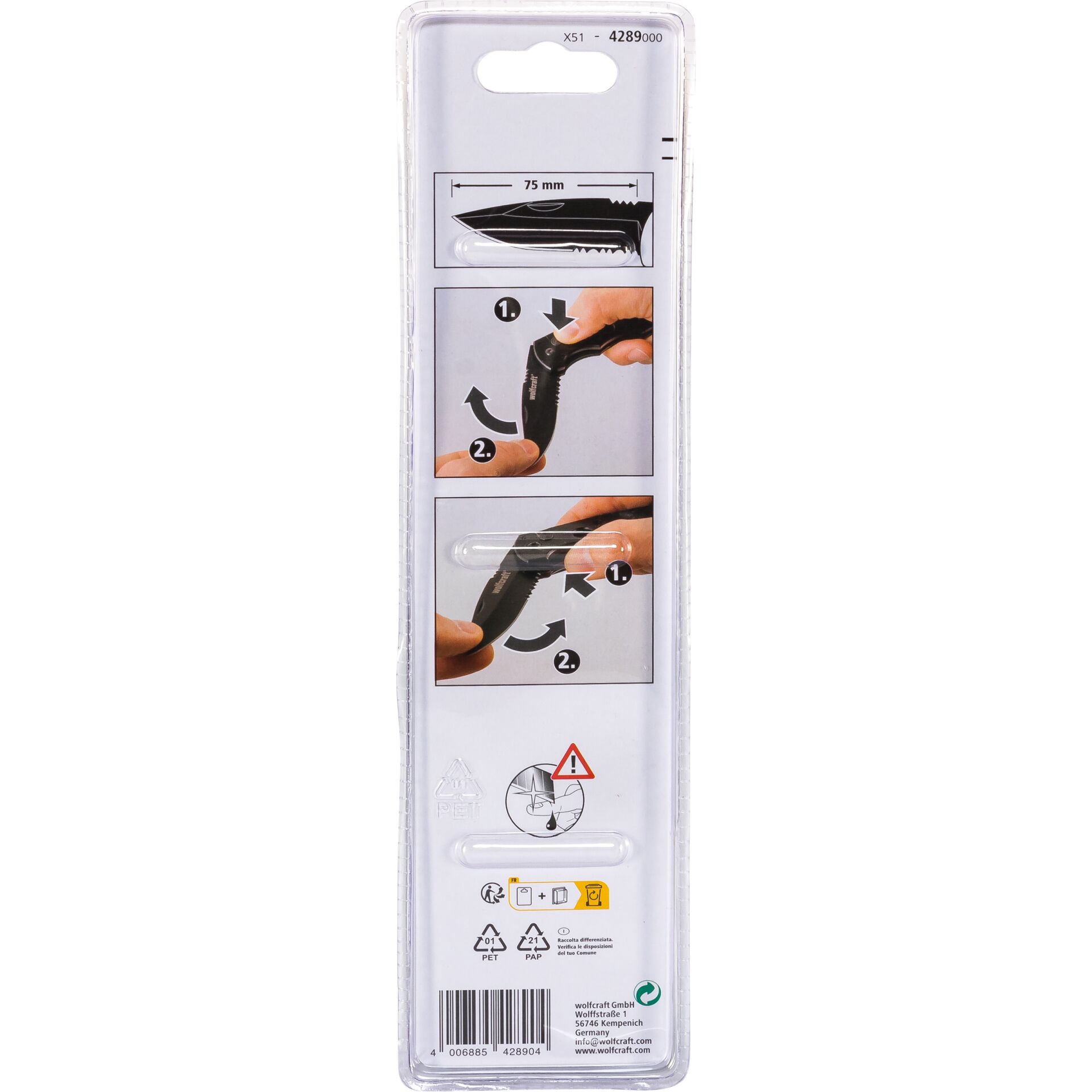 Wolfcraft Leisure Knife with Folding, Serrated Blade 75mm