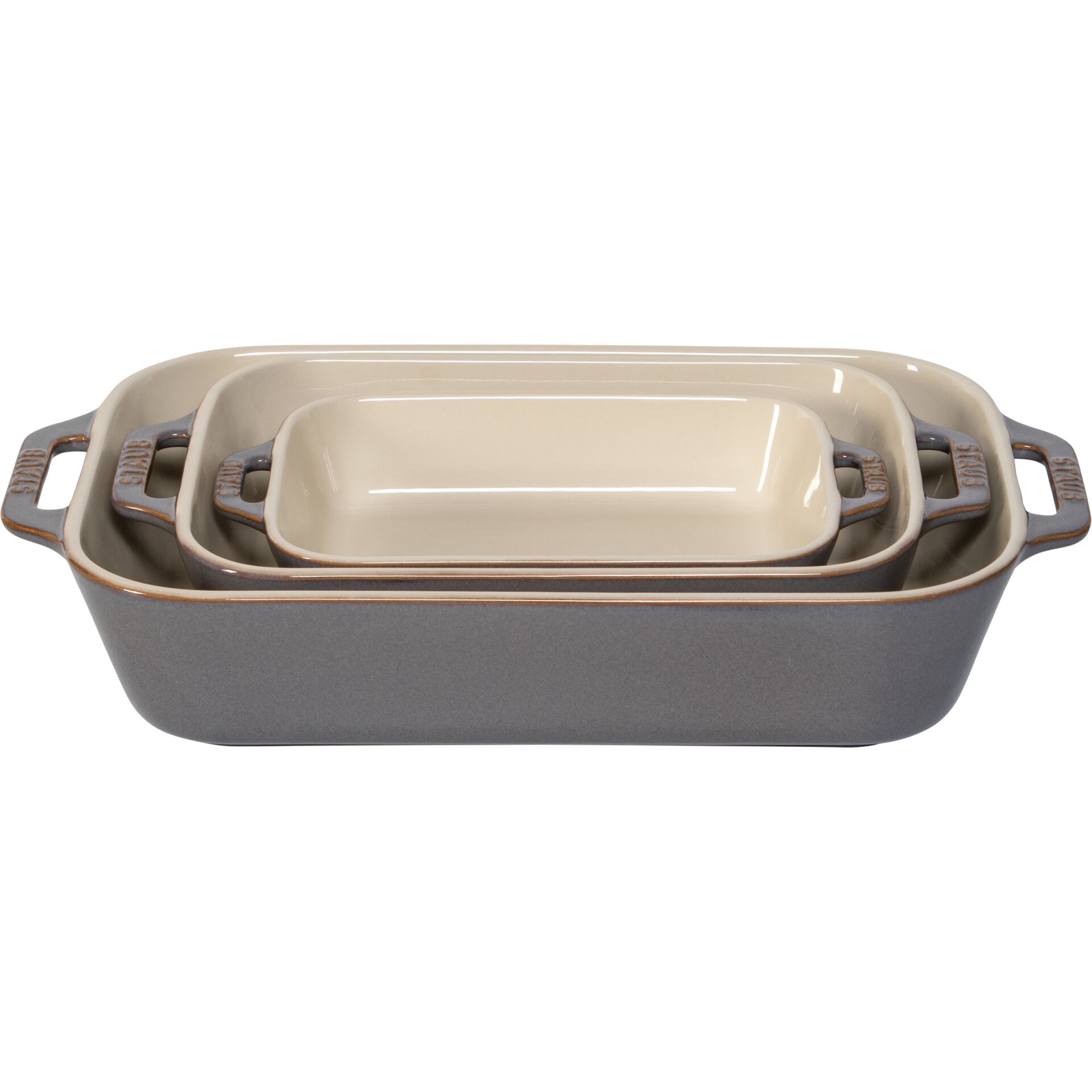 Staub Ceramic 3-pc Rectangular Baking Dish Set, Anique Grey
