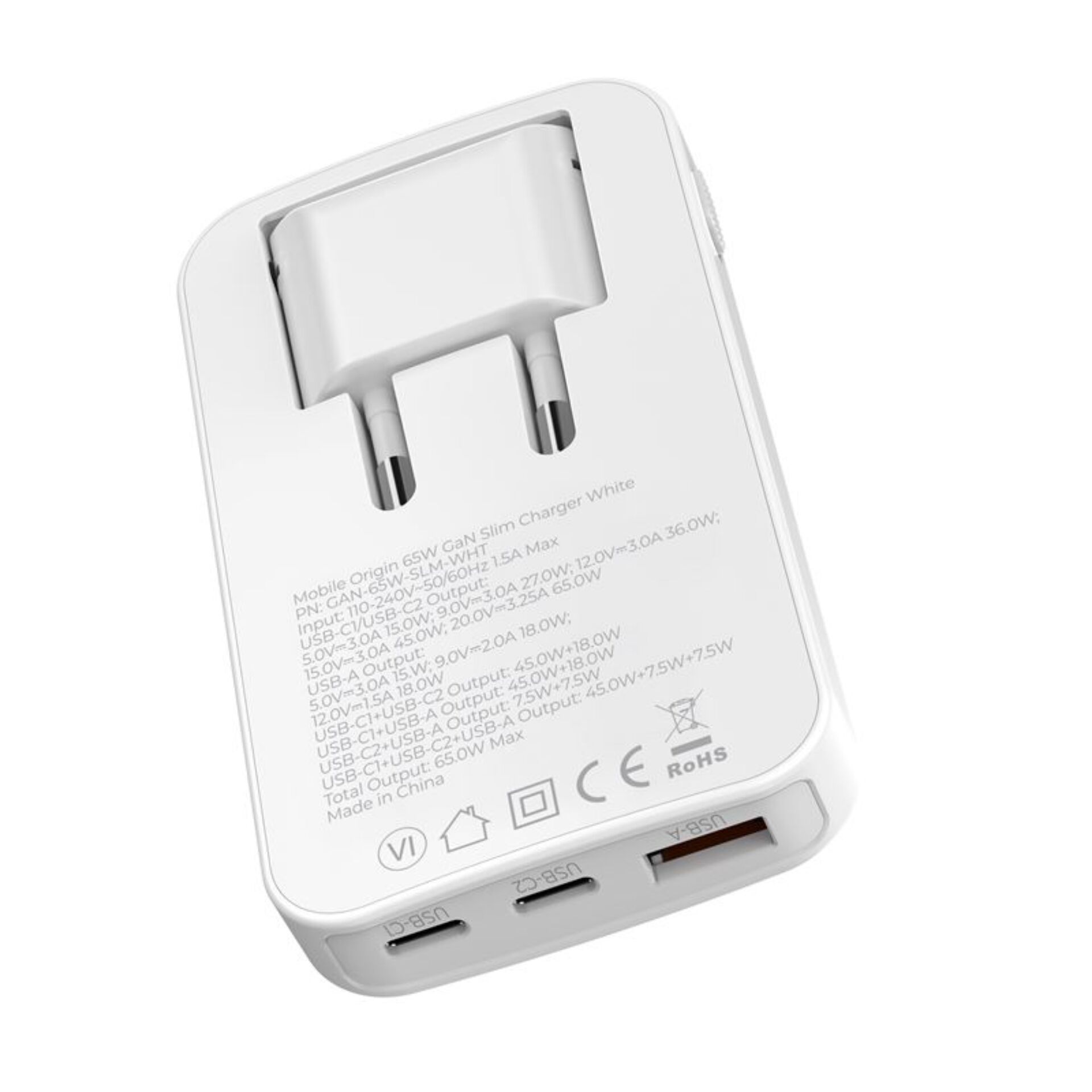Mobile Origin 65W GaN Slim dual USB-C single USB-A, white
