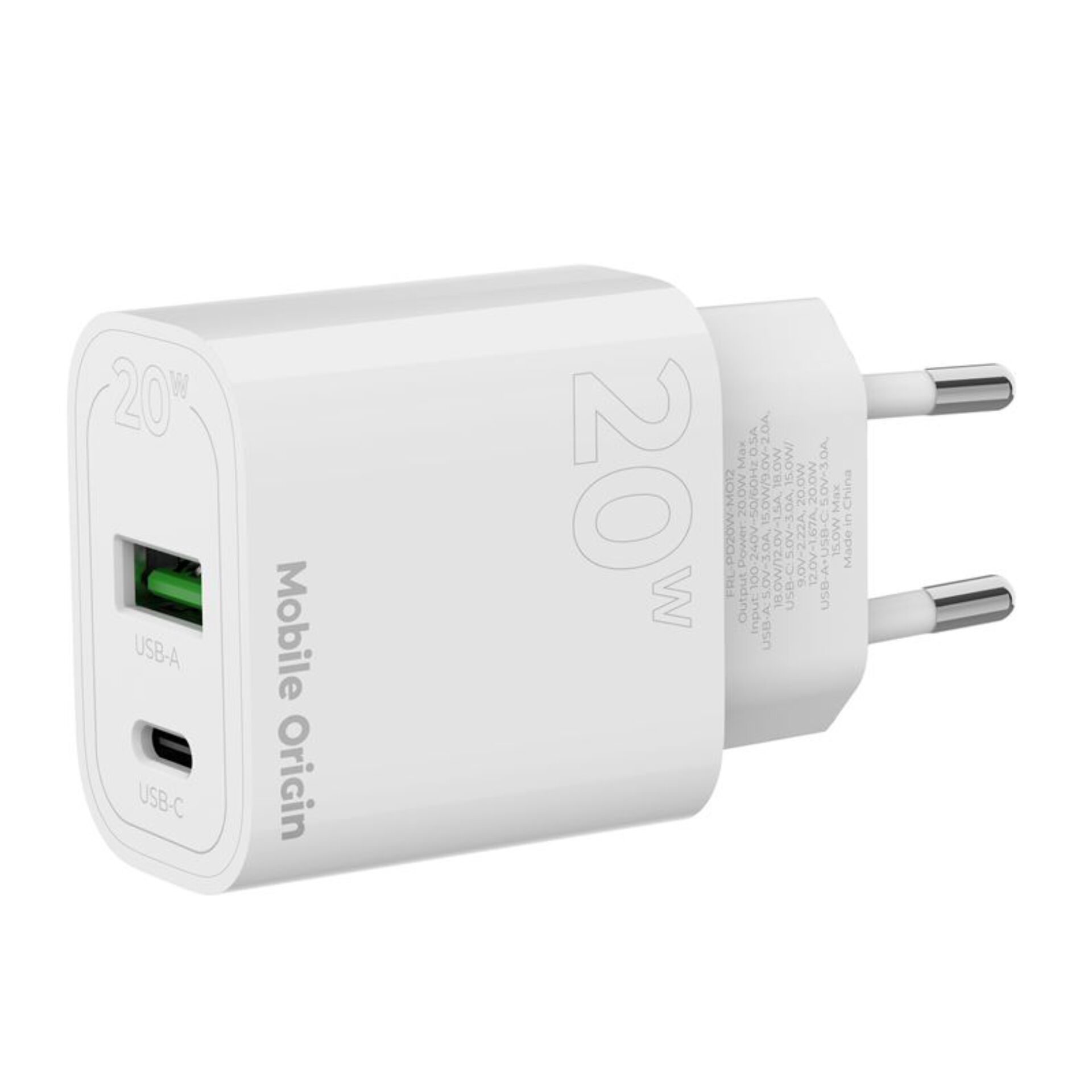 Mobile Origin PD20W Wall Charger MO12 white 1x USB-A + 1x USB-C